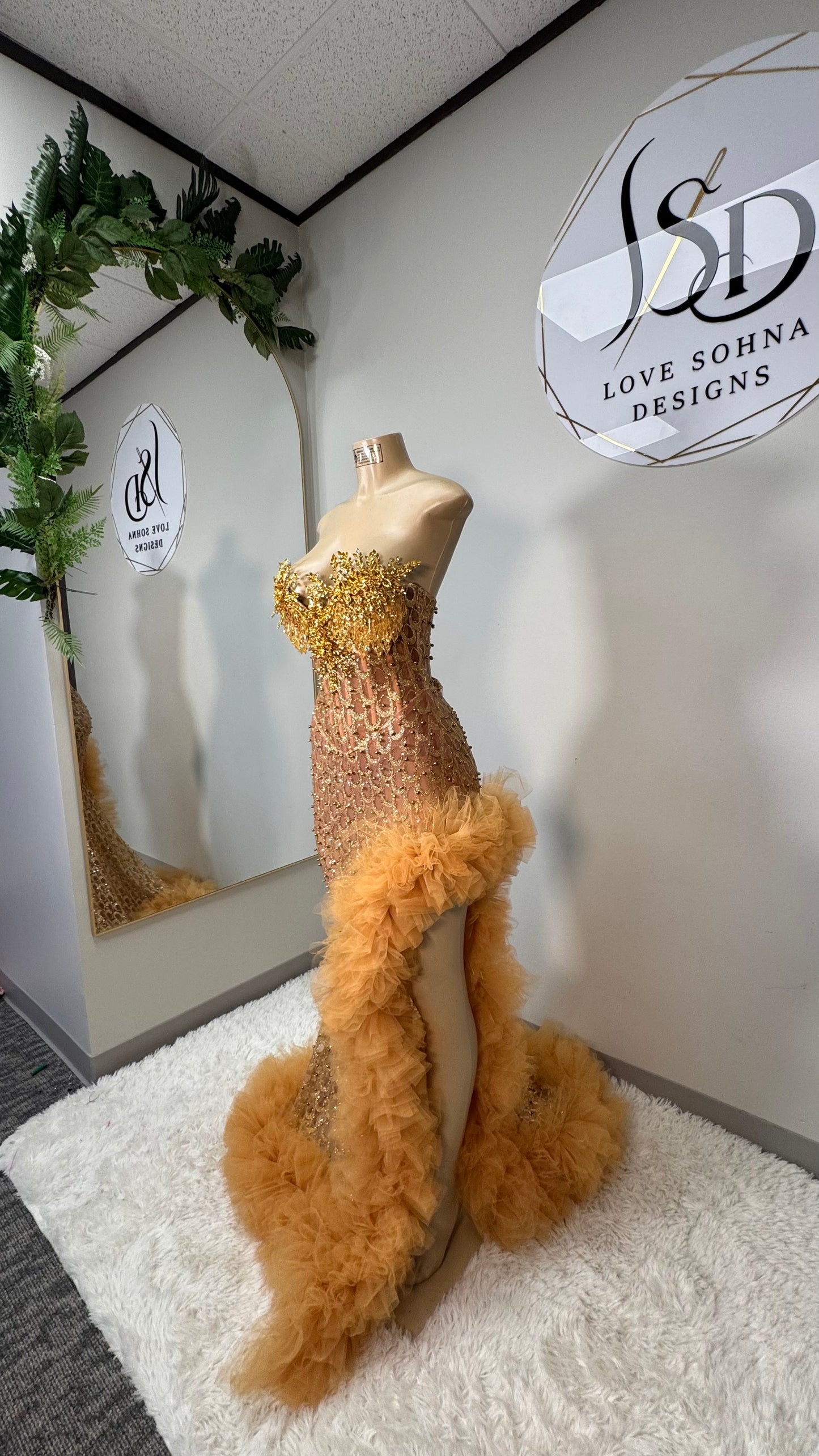 Custom Hand Beaded Gold Dress with Ruffles