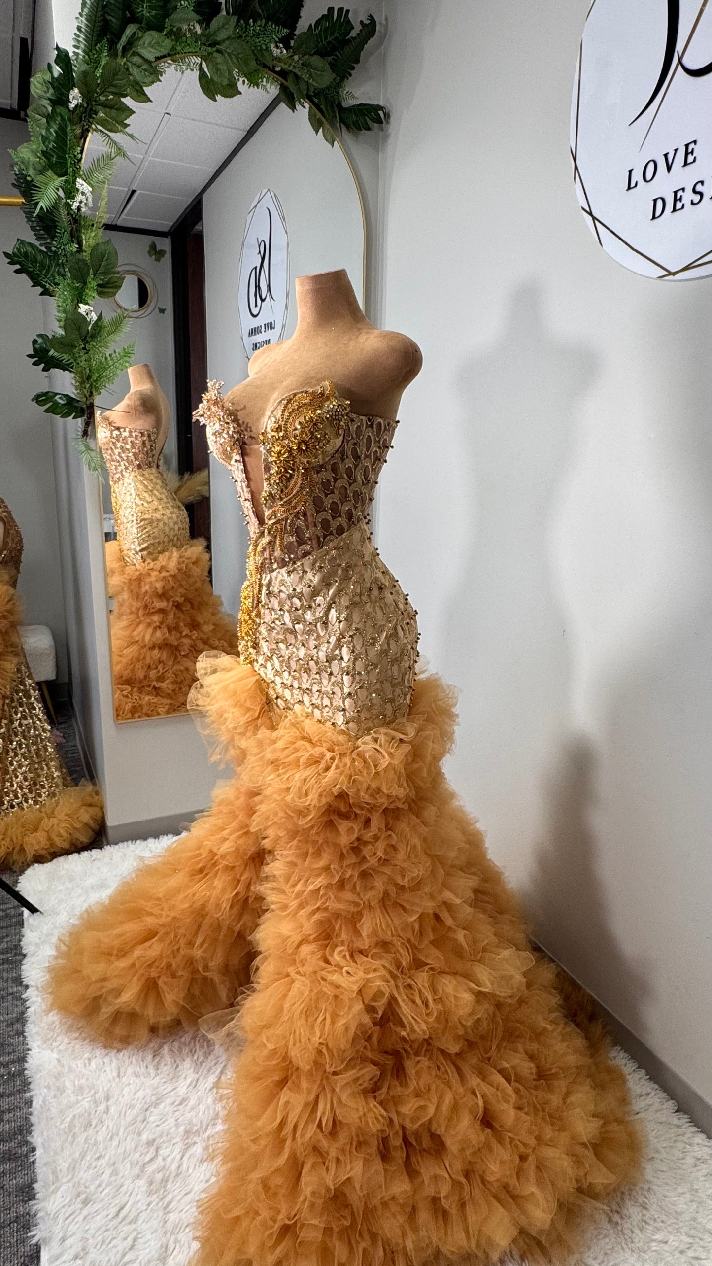 Custom Gold Bejeweled Dress with Feathers