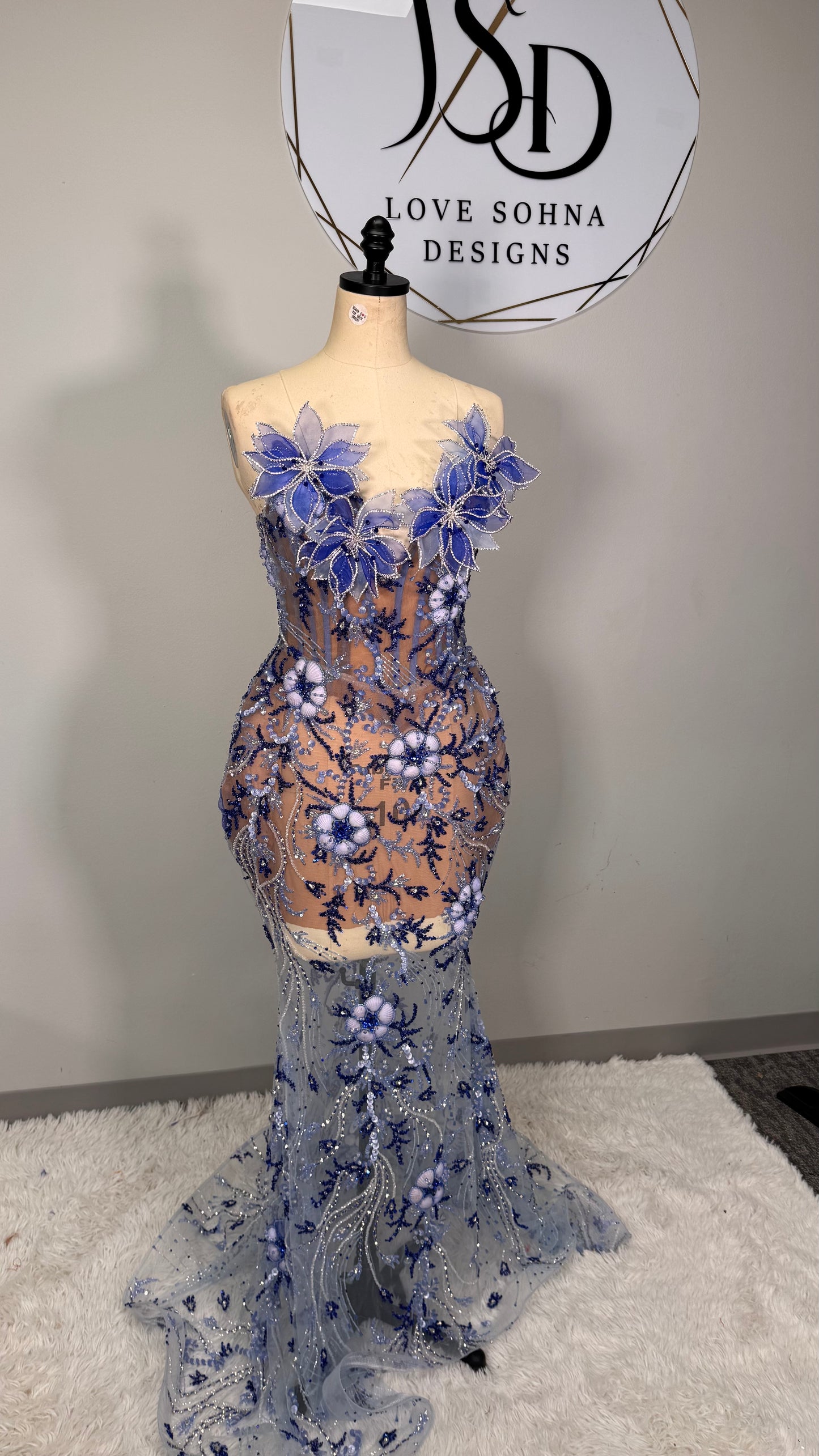 Custom Blue Beaded Floral Corset Dress
