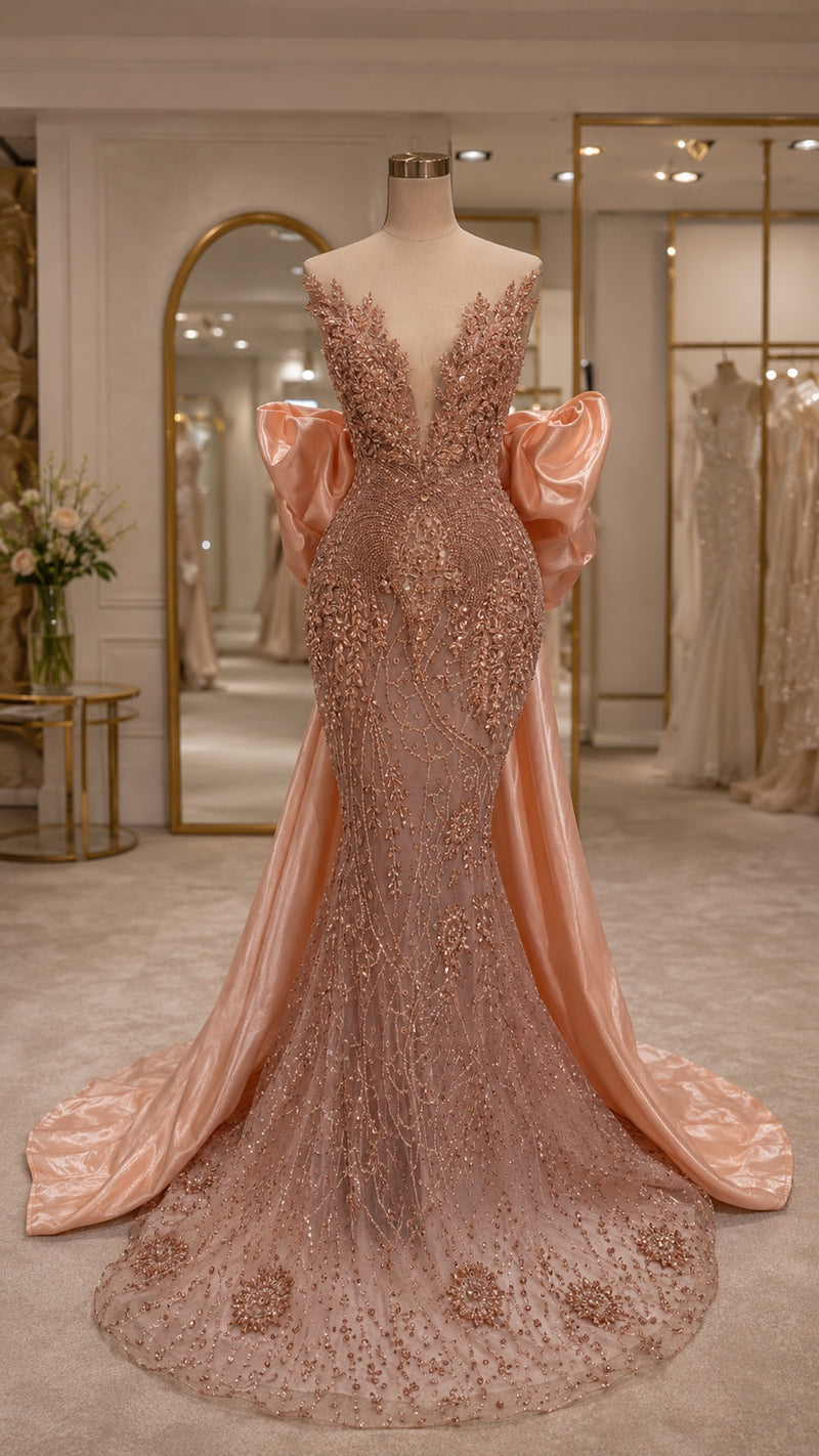Lovesohna peach couture gown on mannequin