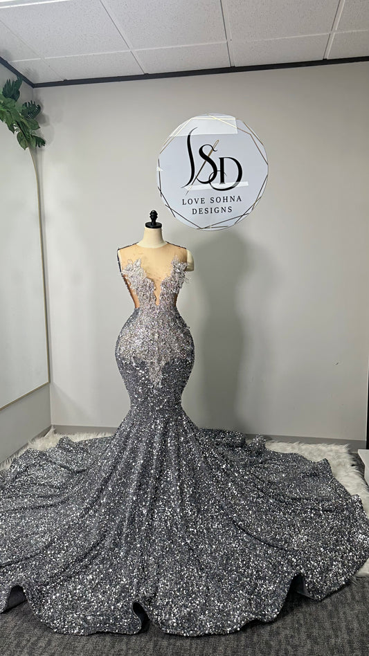 Silver prom dress with 3D leafs and appliques