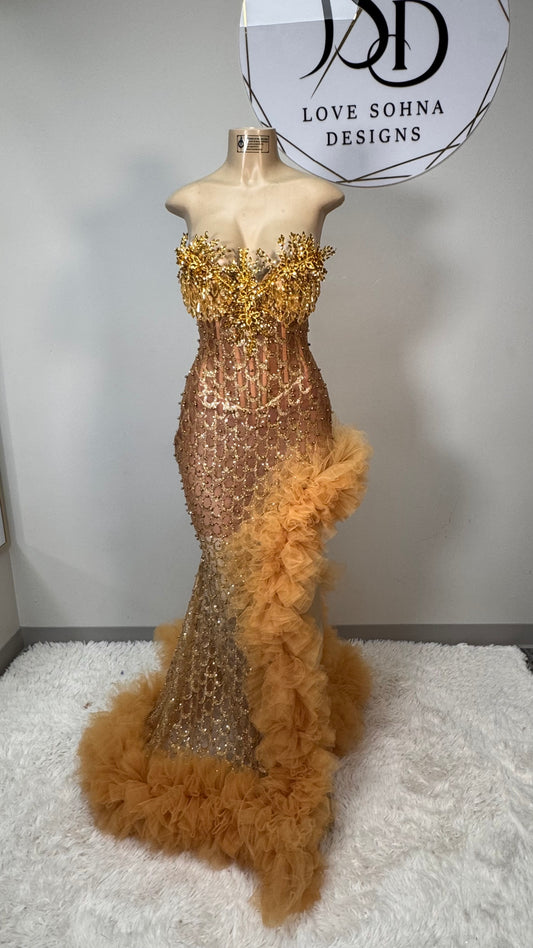 Custom Hand Beaded Gold Dress with Ruffles