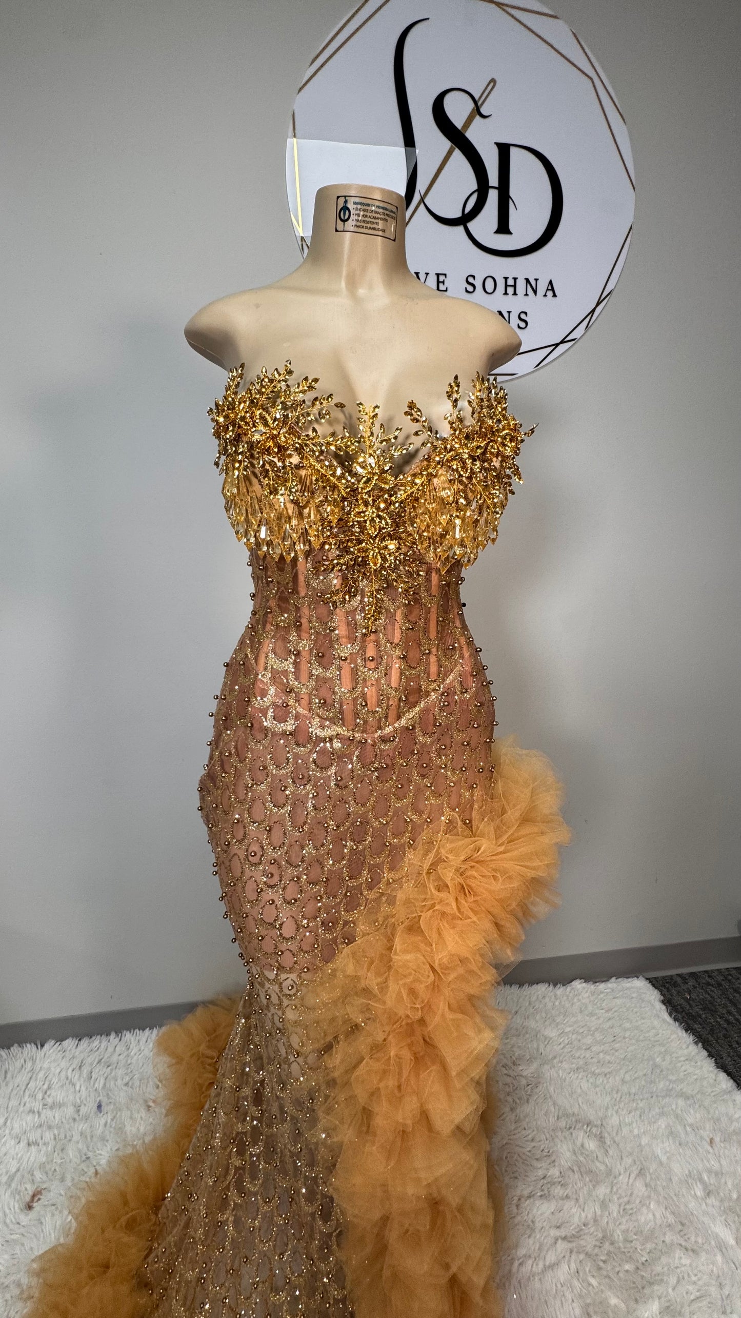Custom Hand Beaded Gold Dress with Ruffles