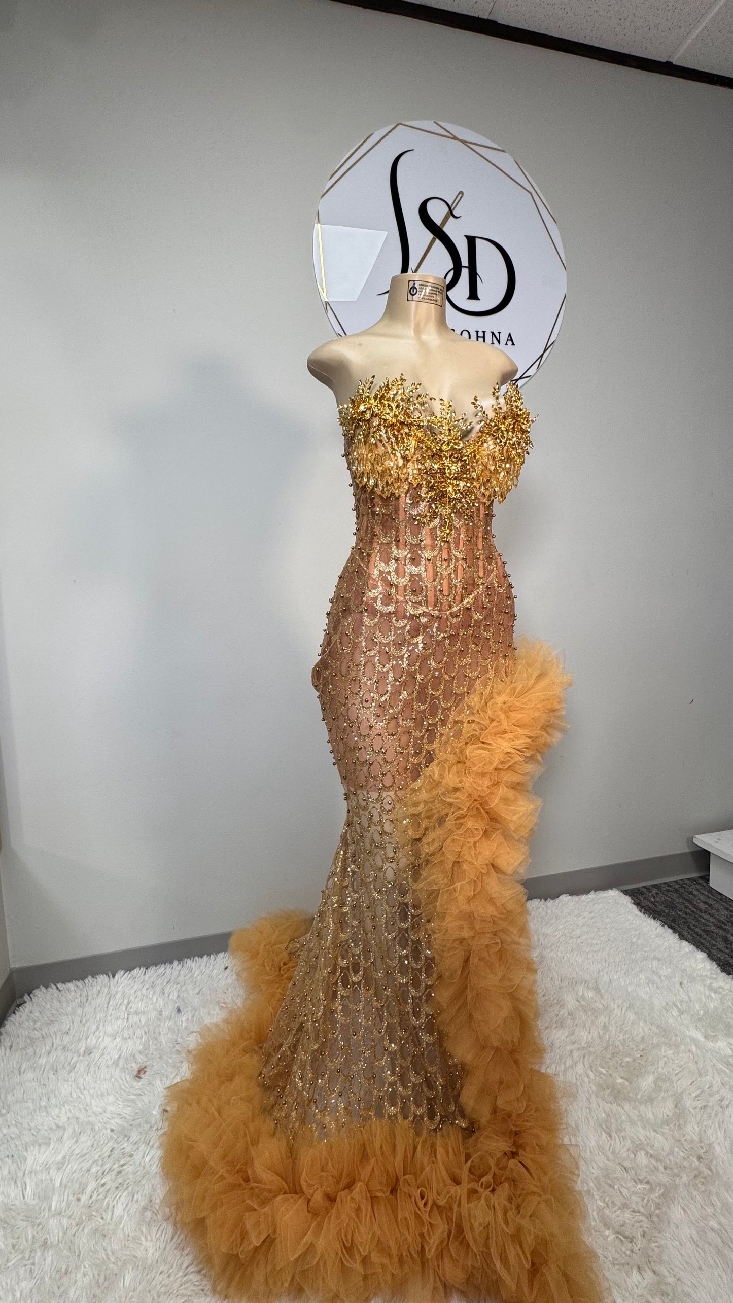 Custom Hand Beaded Gold Dress with Ruffles