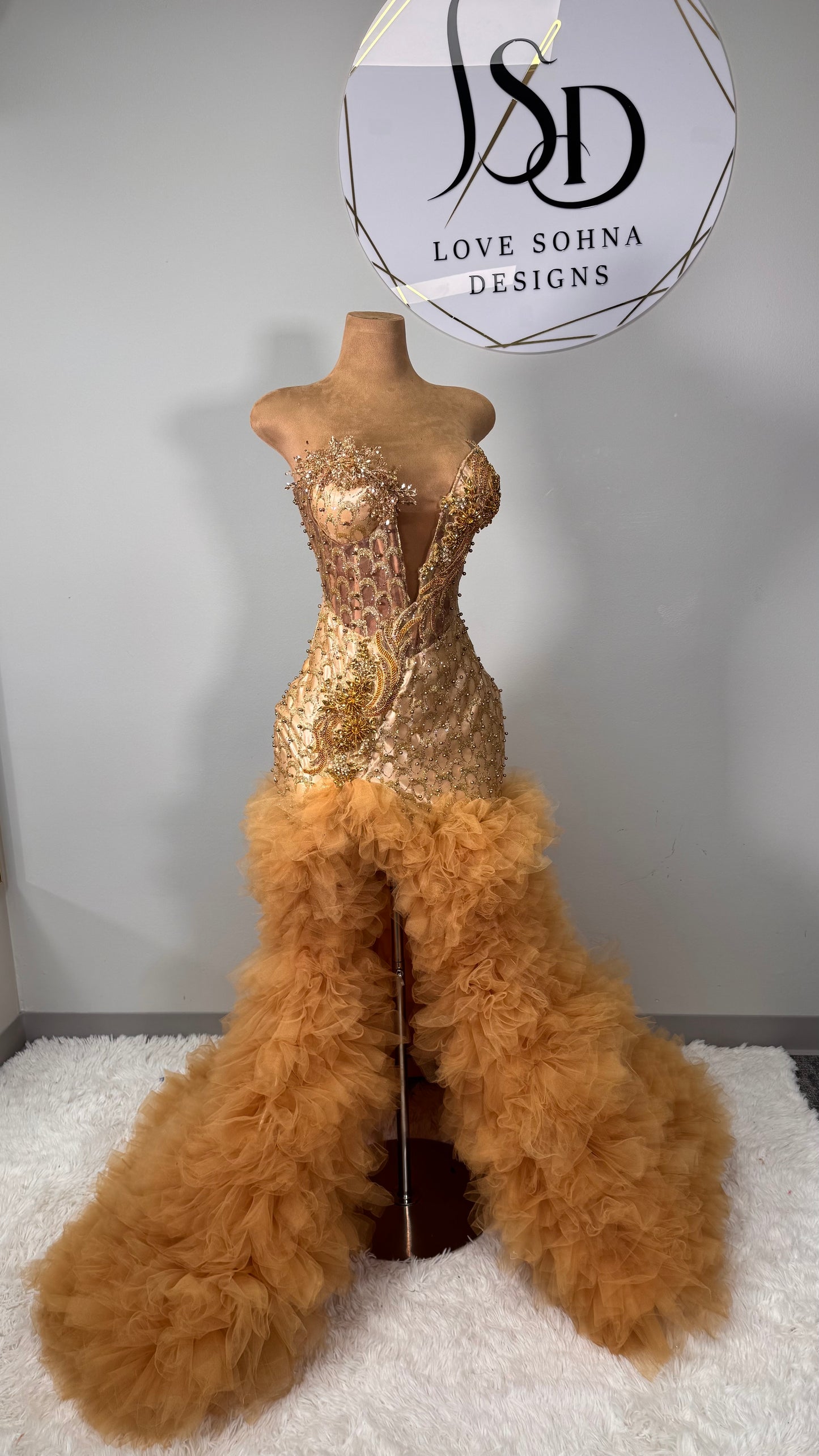 Custom Gold Bejeweled Dress with Feathers