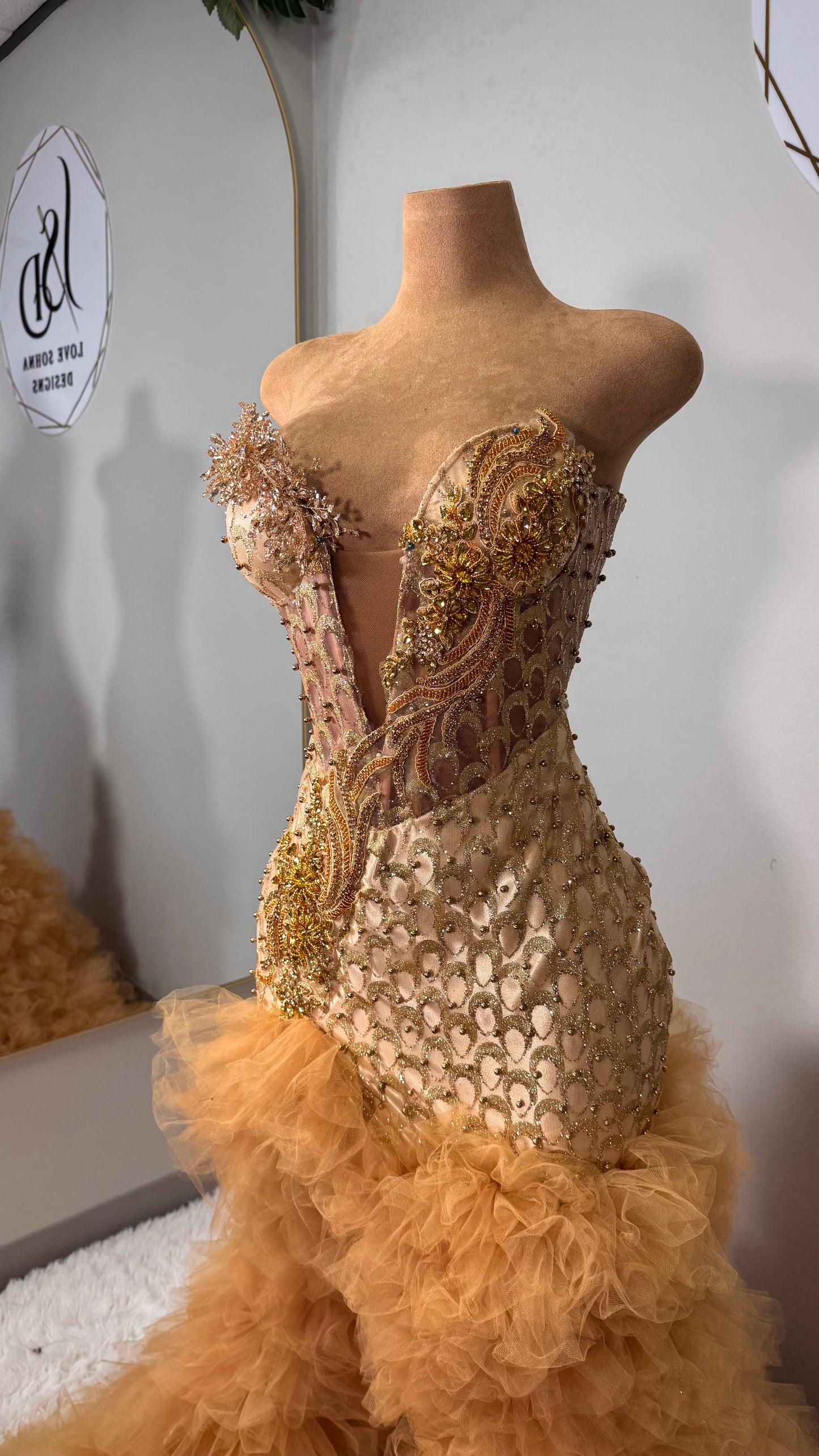 Custom Gold Bejeweled Dress with Feathers