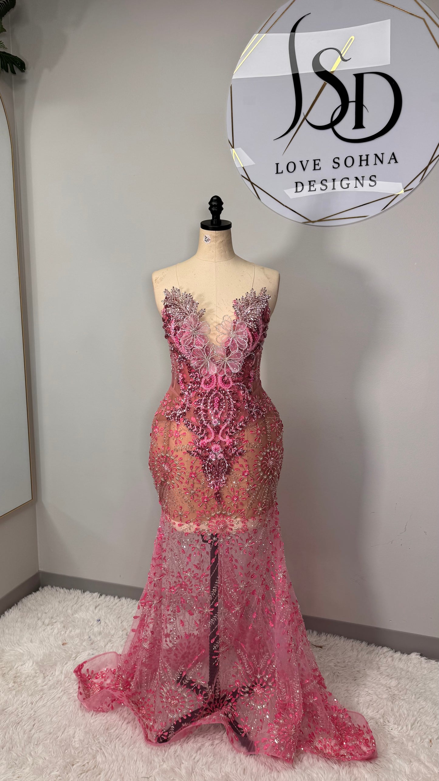 Custom Beaded Pink and SIlver Accented Dress
