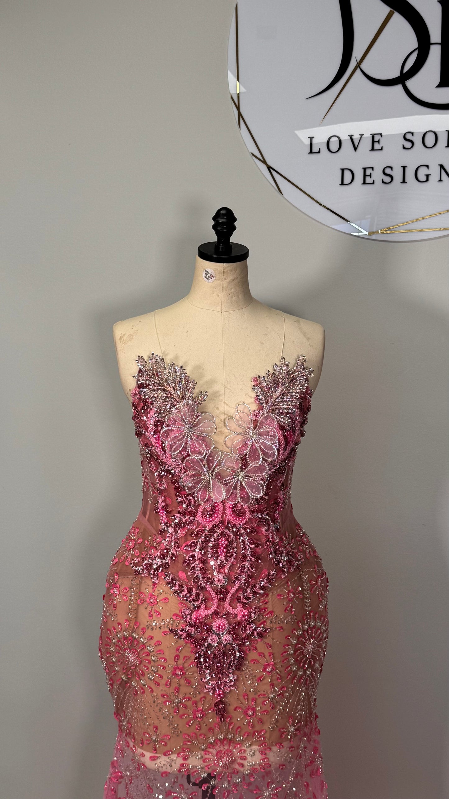 Custom Beaded Pink and SIlver Accented Dress