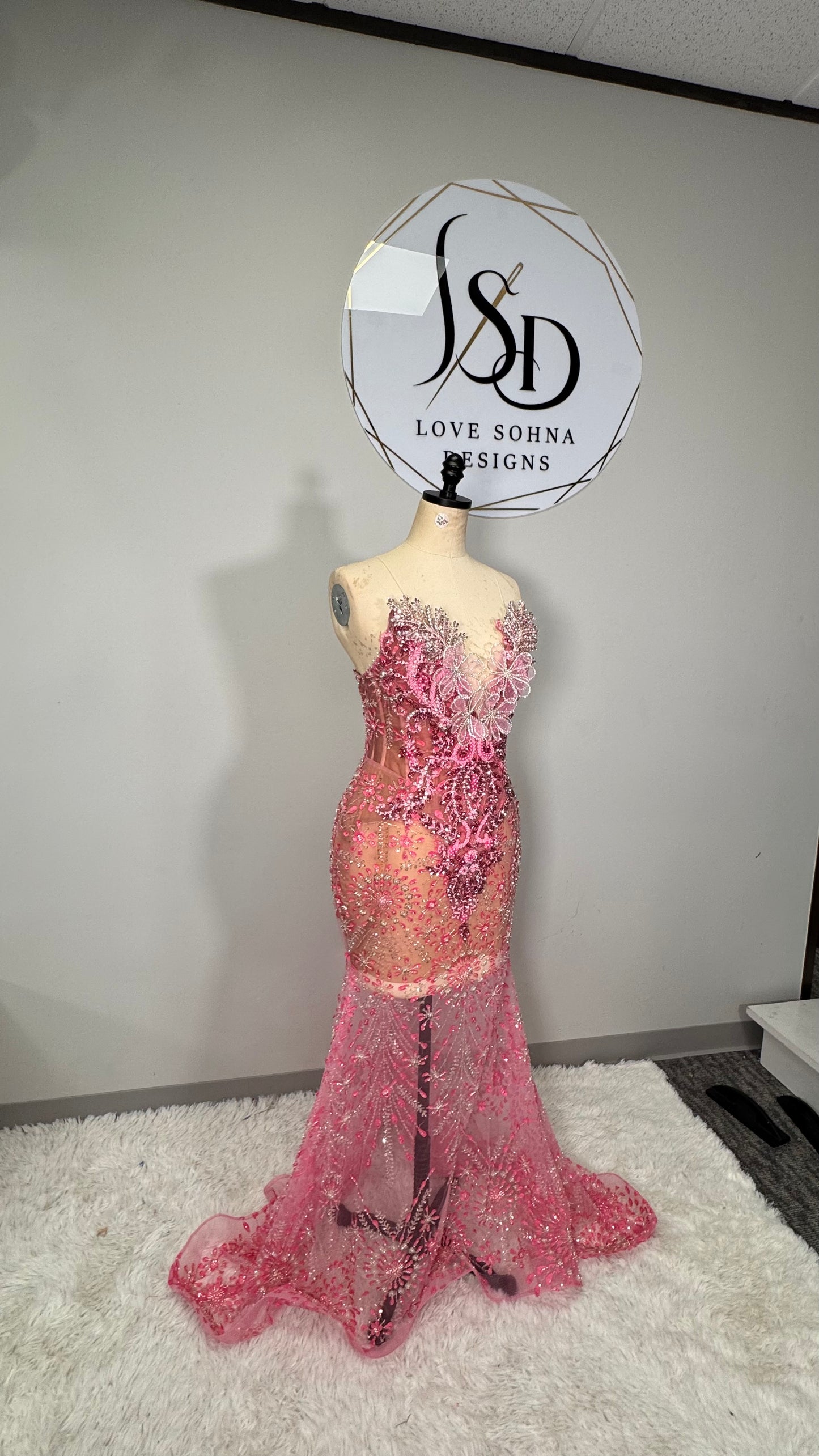 Custom Beaded Pink and SIlver Accented Dress