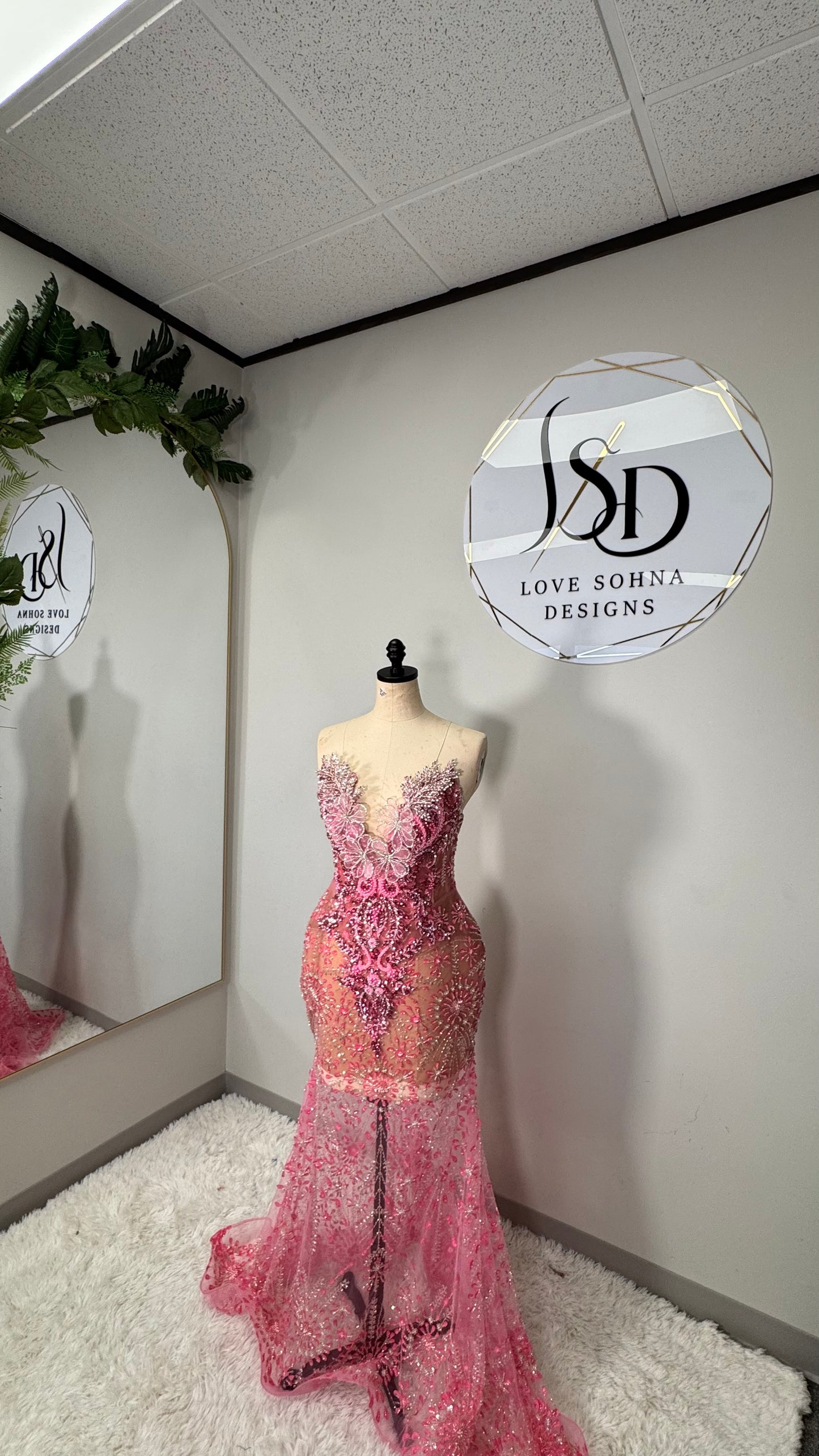 Custom Beaded Pink and SIlver Accented Dress