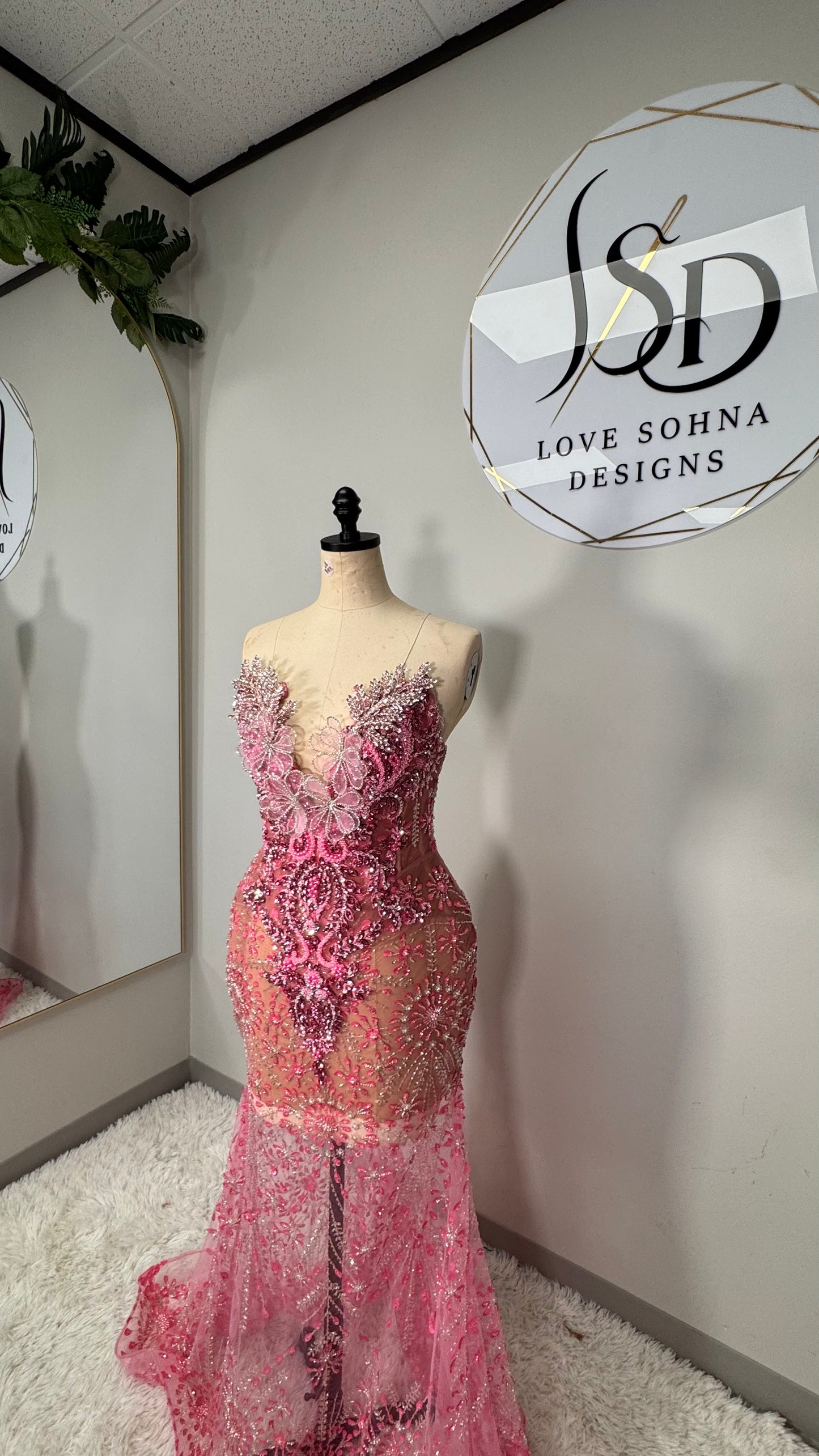 Custom Beaded Pink and SIlver Accented Dress