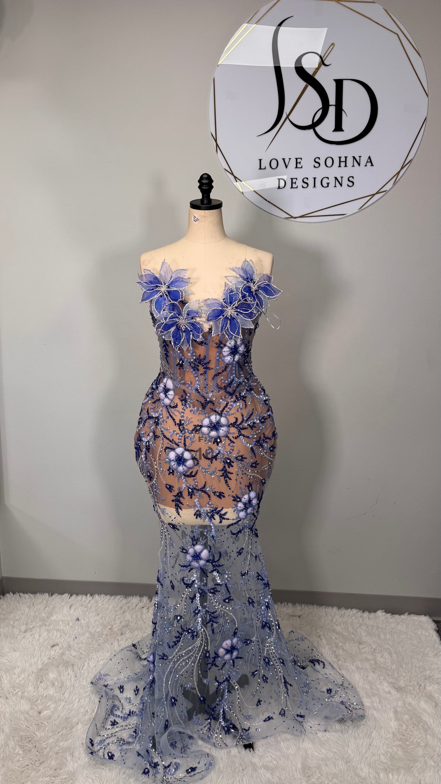 Custom Blue Beaded Floral Corset Dress