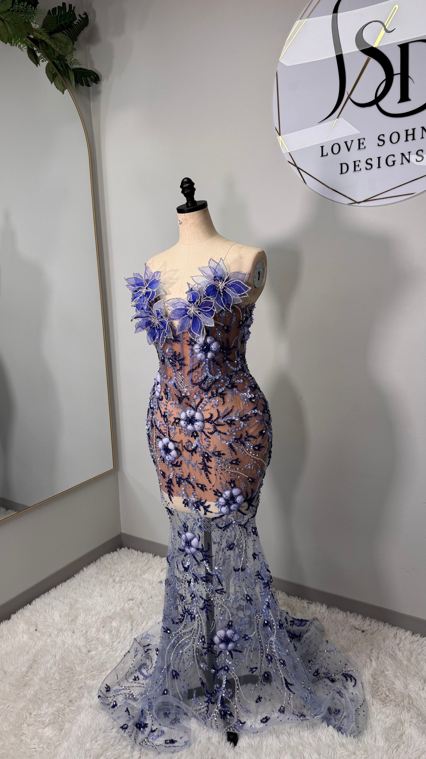 Custom Blue Beaded Floral Corset Dress
