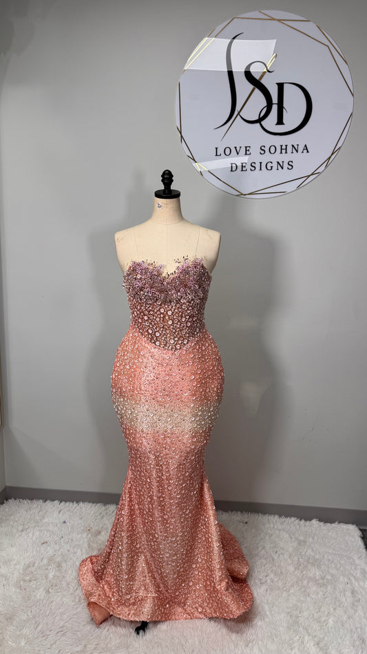 Custom Peach Diamond Corset Dress