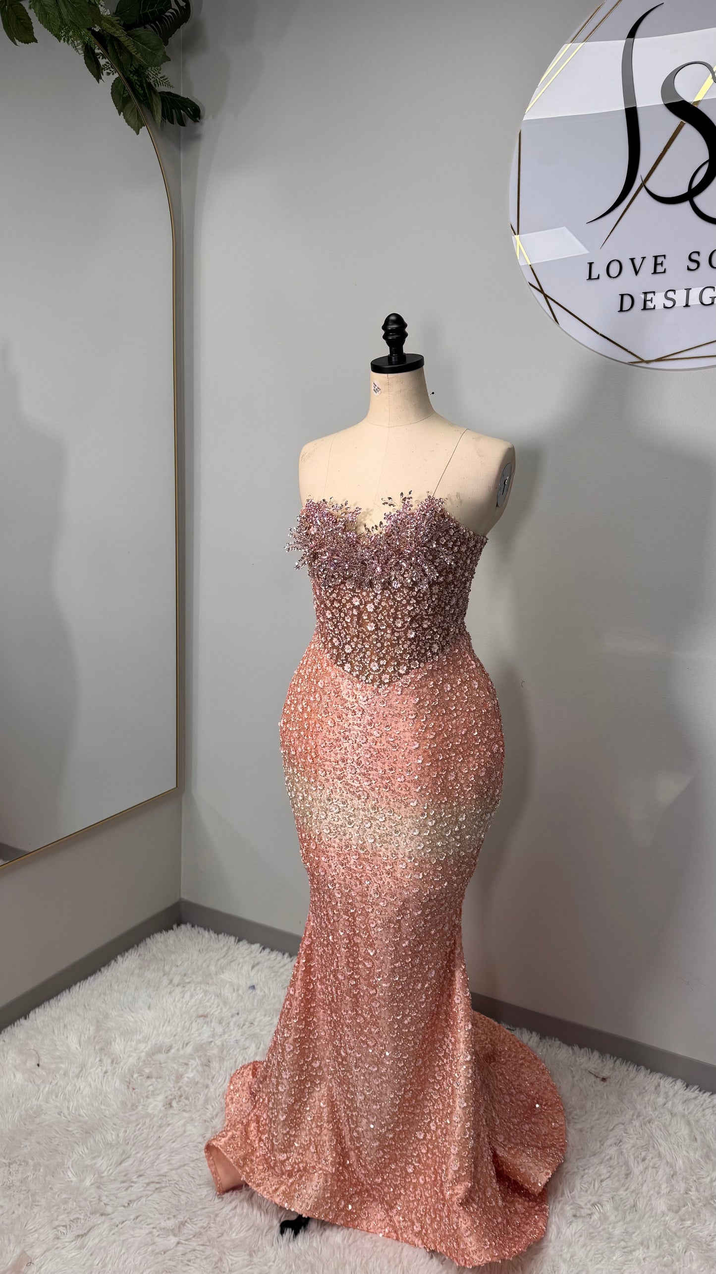 Custom Peach Diamond Corset Dress