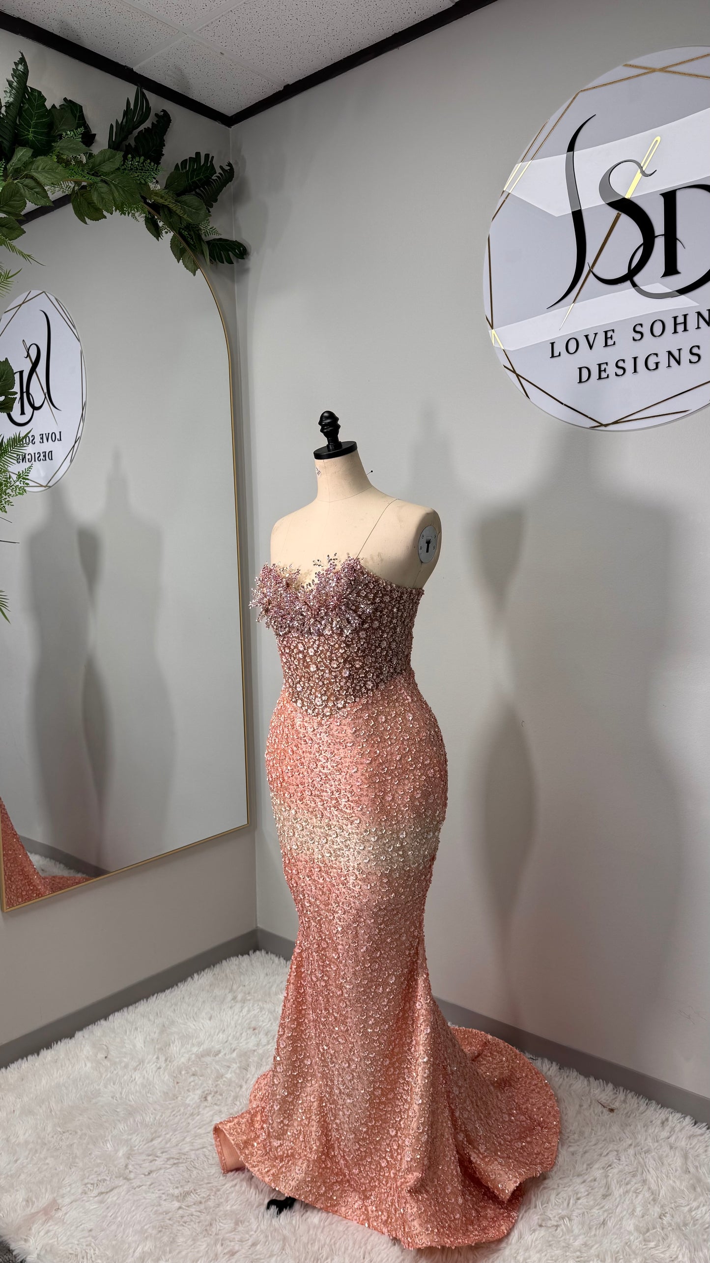 Custom Peach Diamond Corset Dress