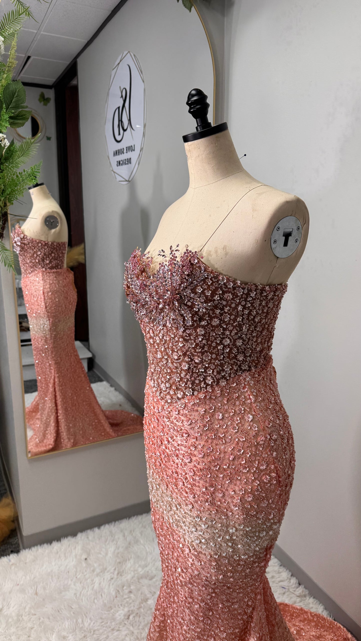 Custom Peach Diamond Corset Dress